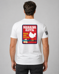 A man viewed from behind wearing a white t-shirt with a large red, yellow, and blue graphic on the back that reads 'WARRIOR HIPPIE PEACE AND LOVE' with a white bird illustration, and a small black square patch on the left sleeve.